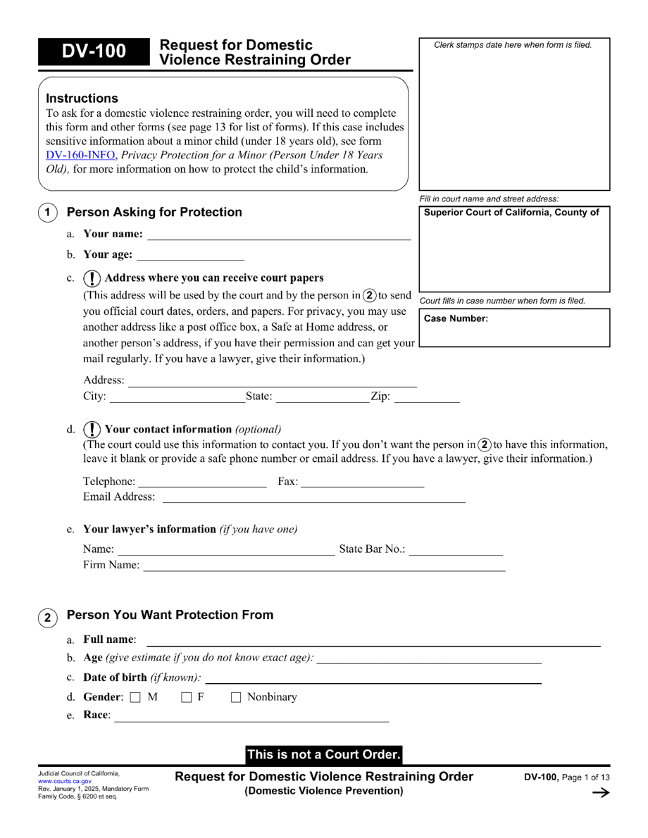 The DV-100, DV-109, DV-110, and CLETS-001 pages assembled as four reviewed statewide forms
