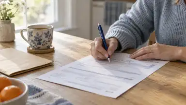 Hands filling out a domestic violence restraining order form at a kitchen table.
