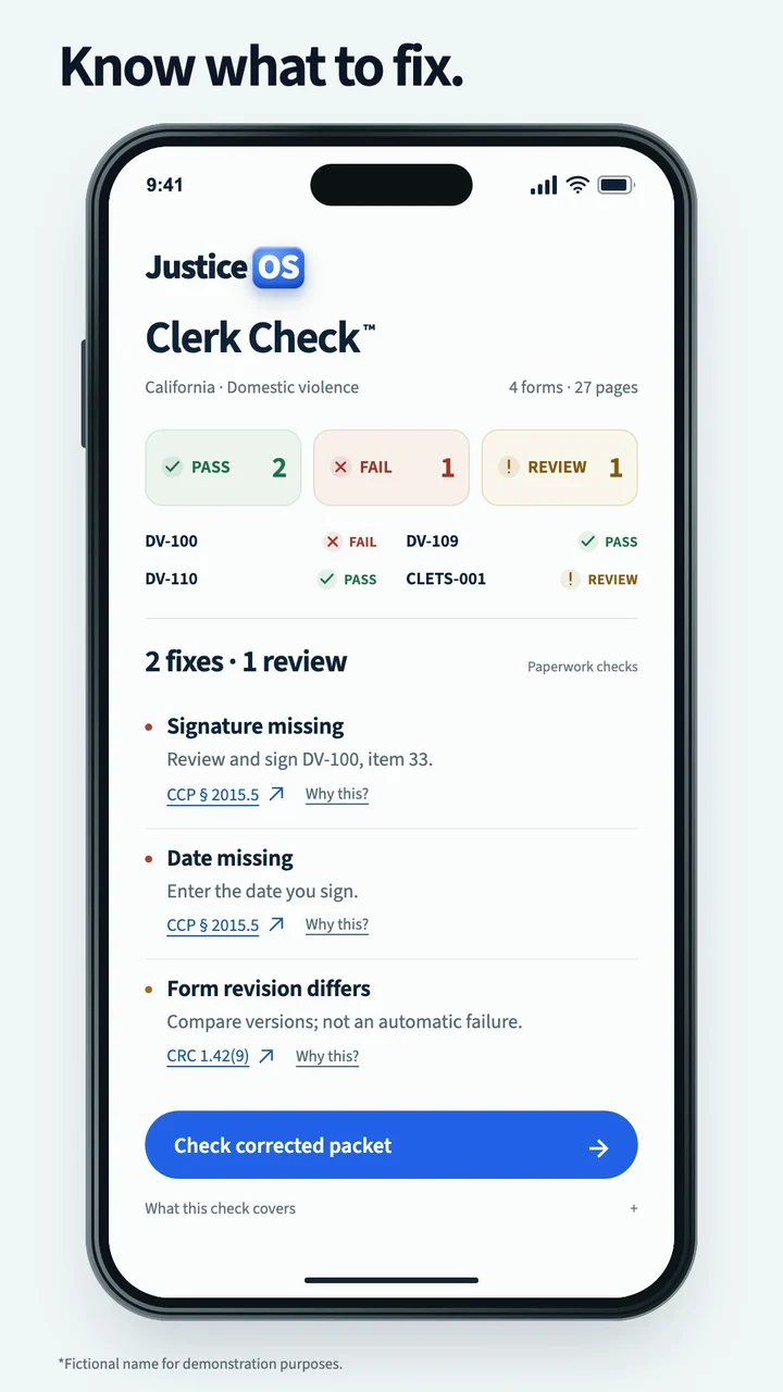 Clerk Check sample report: a paper packet becomes a compact checklist of findings, corrections, and official sources.